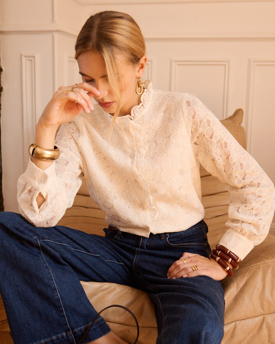 Cream Floral Lace Frill Trim Blouse
