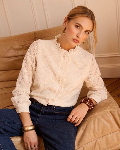 Cream Floral Lace Frill Trim Blouse
