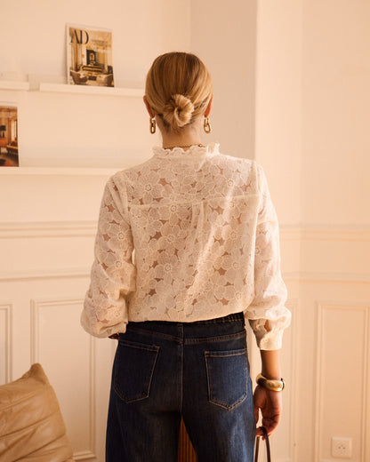 Cream Floral Lace Frill Trim Blouse