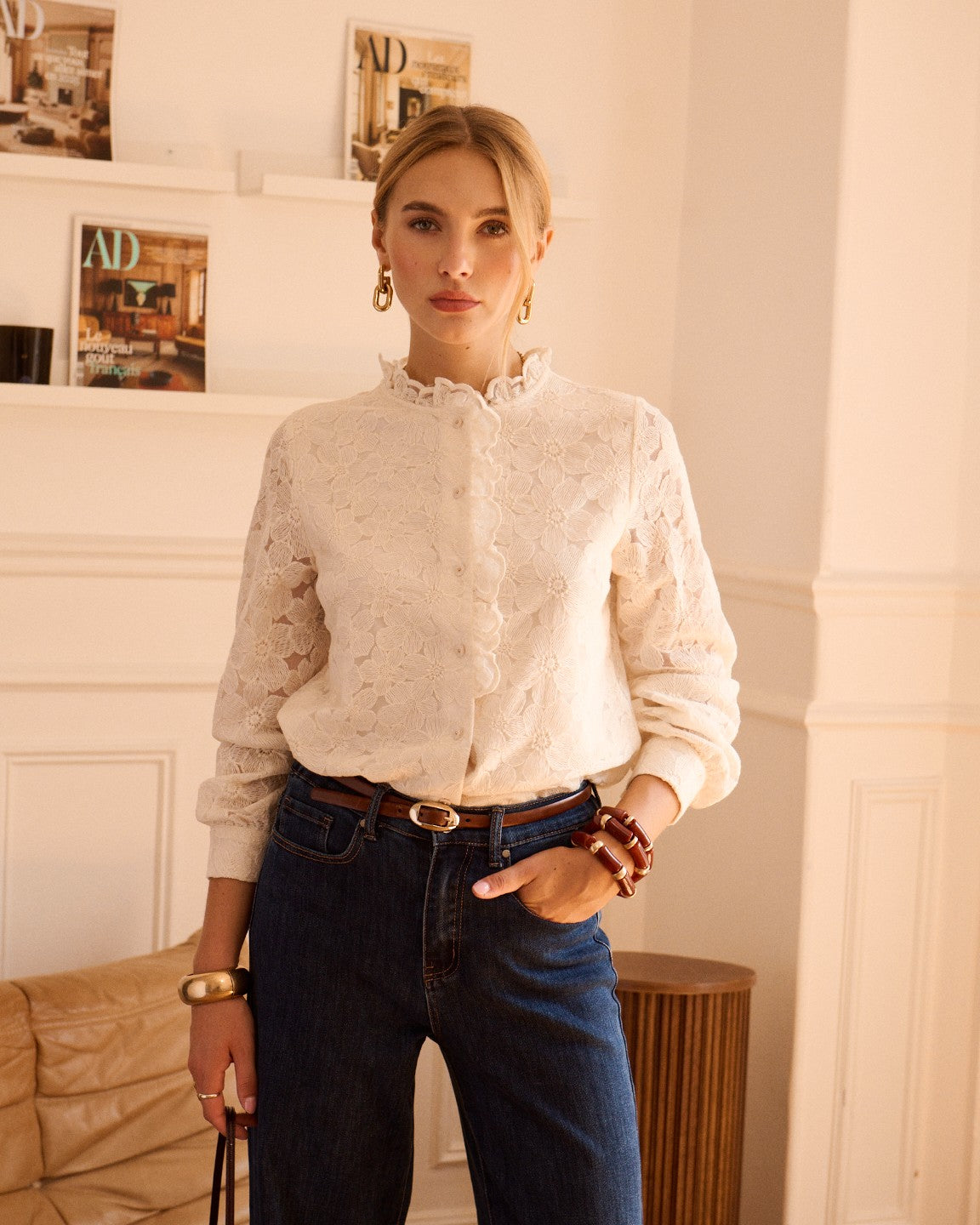Cream Floral Lace Frill Trim Blouse