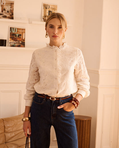 Cream Floral Lace Frill Trim Blouse