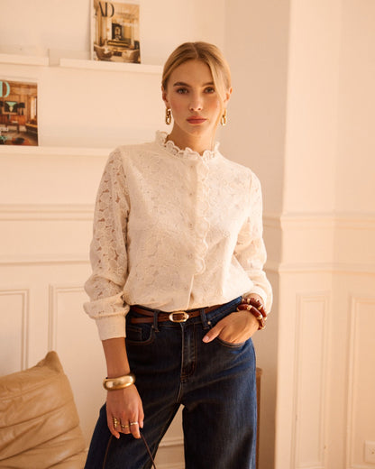 Cream Floral Lace Frill Trim Blouse