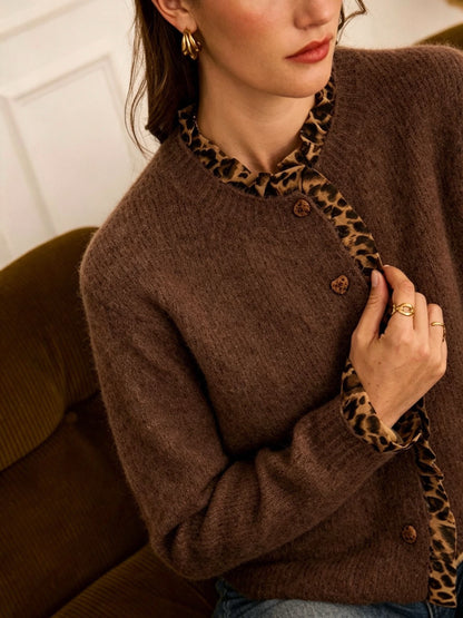 NEW Chocolate Leopard Trim Crew Neck Cardigan - PRE-ORDER