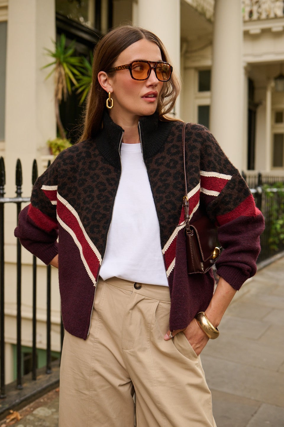 Leopard Chevron Zip Front Knitted Cardigan