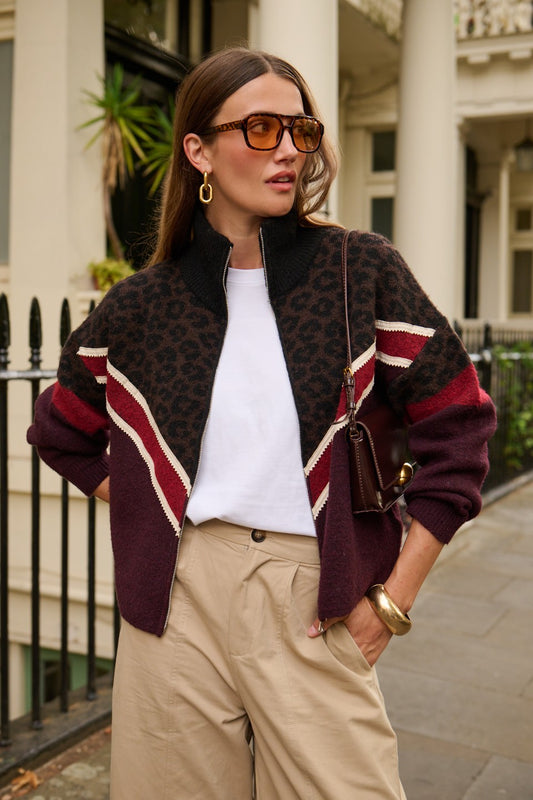 Leopard Chevron Zip Front Knitted Cardigan