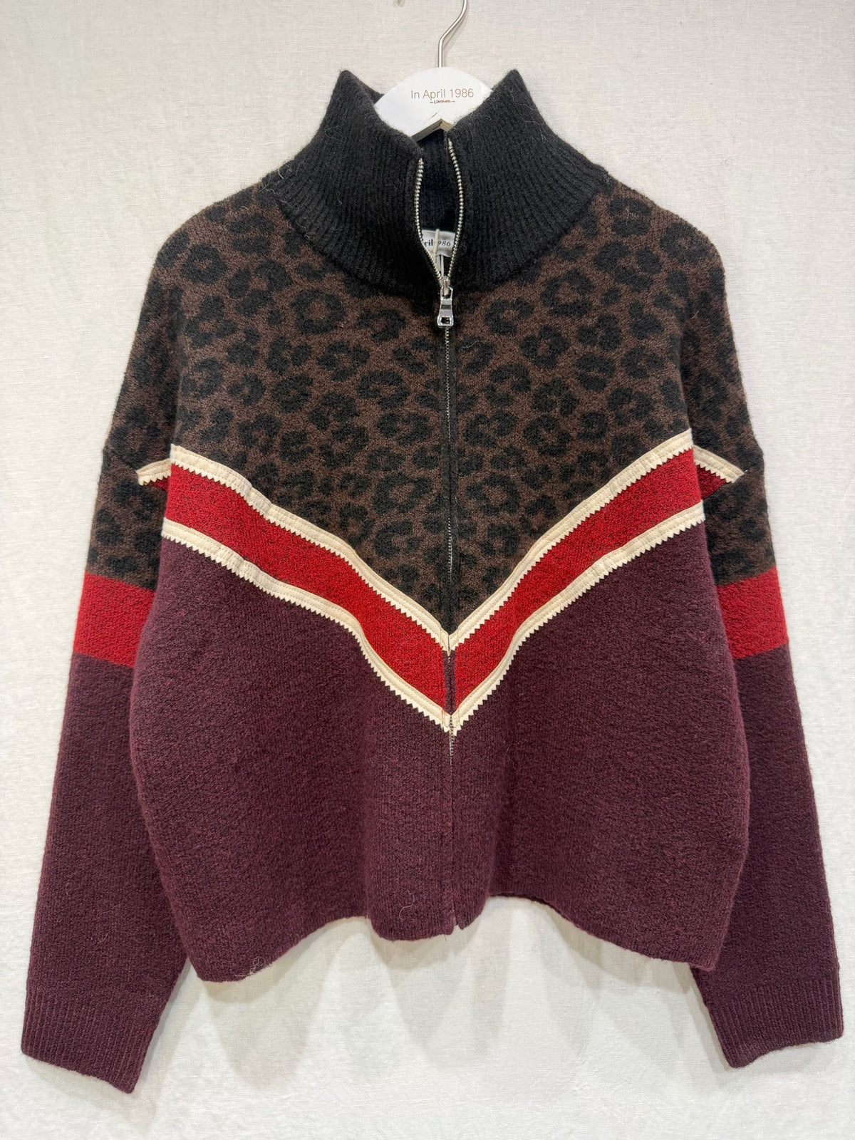 Leopard Chevron Zip Front Knitted Cardigan