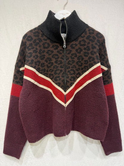 Leopard Chevron Zip Front Knitted Cardigan