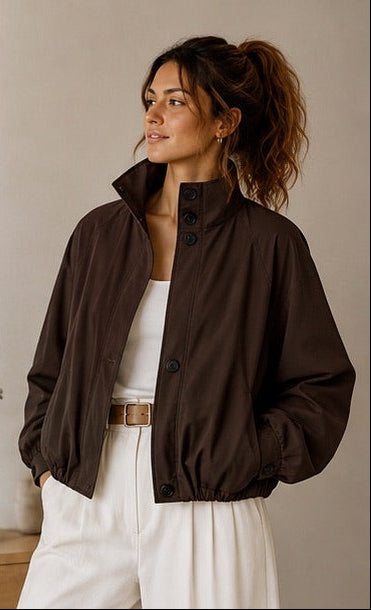 Chocolate Funnel Neck Trench Bomber Jacket