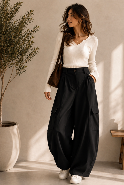 Black Barrel Leg Cargo Trousers
