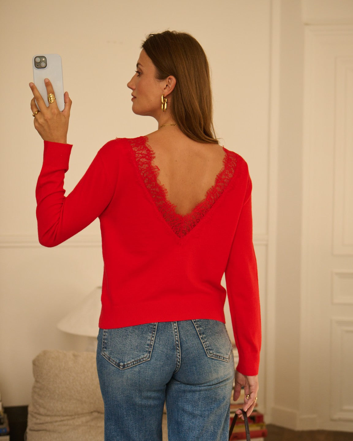 Black Reversible Lace V-Neck Jumper
