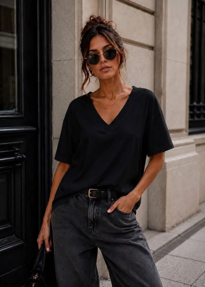 Black Relaxed V-Neck T-Shirt