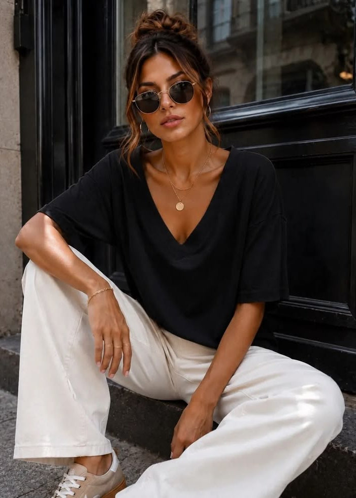 Black Relaxed V-Neck T-Shirt