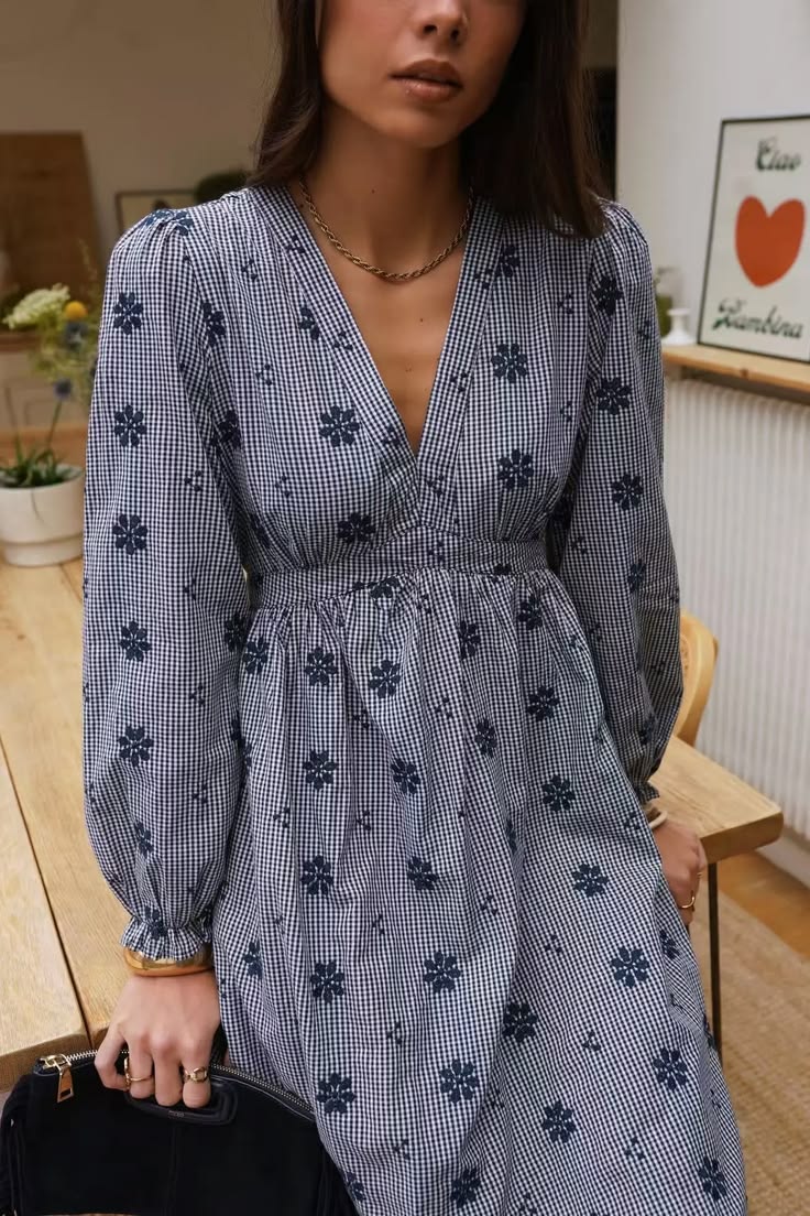 Navy Check Floral Embroidered Dress