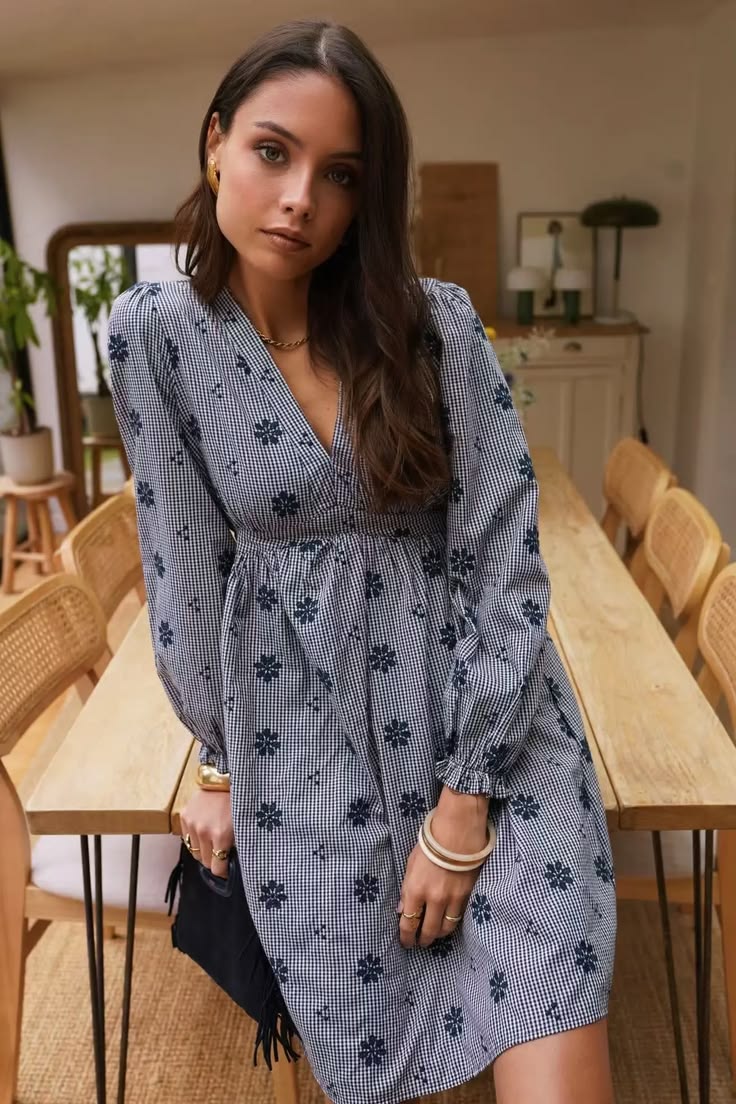 Navy Check Floral Embroidered Dress