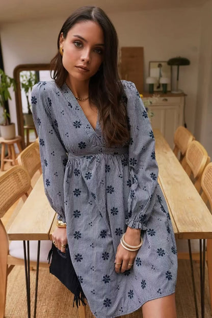 Navy Check Floral Embroidered Dress