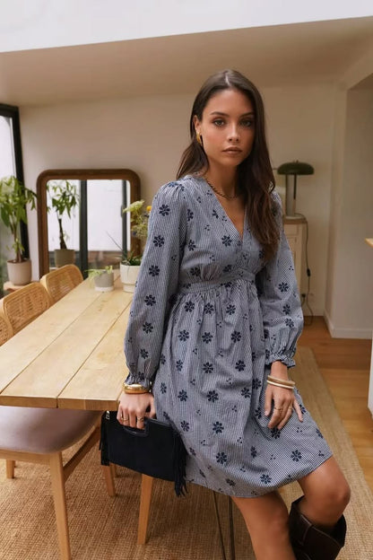 Navy Check Floral Embroidered Dress