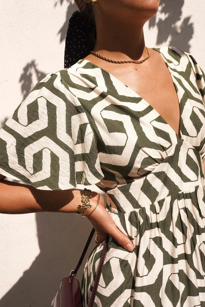 Khaki Retro Geometric Print Maxi Dress