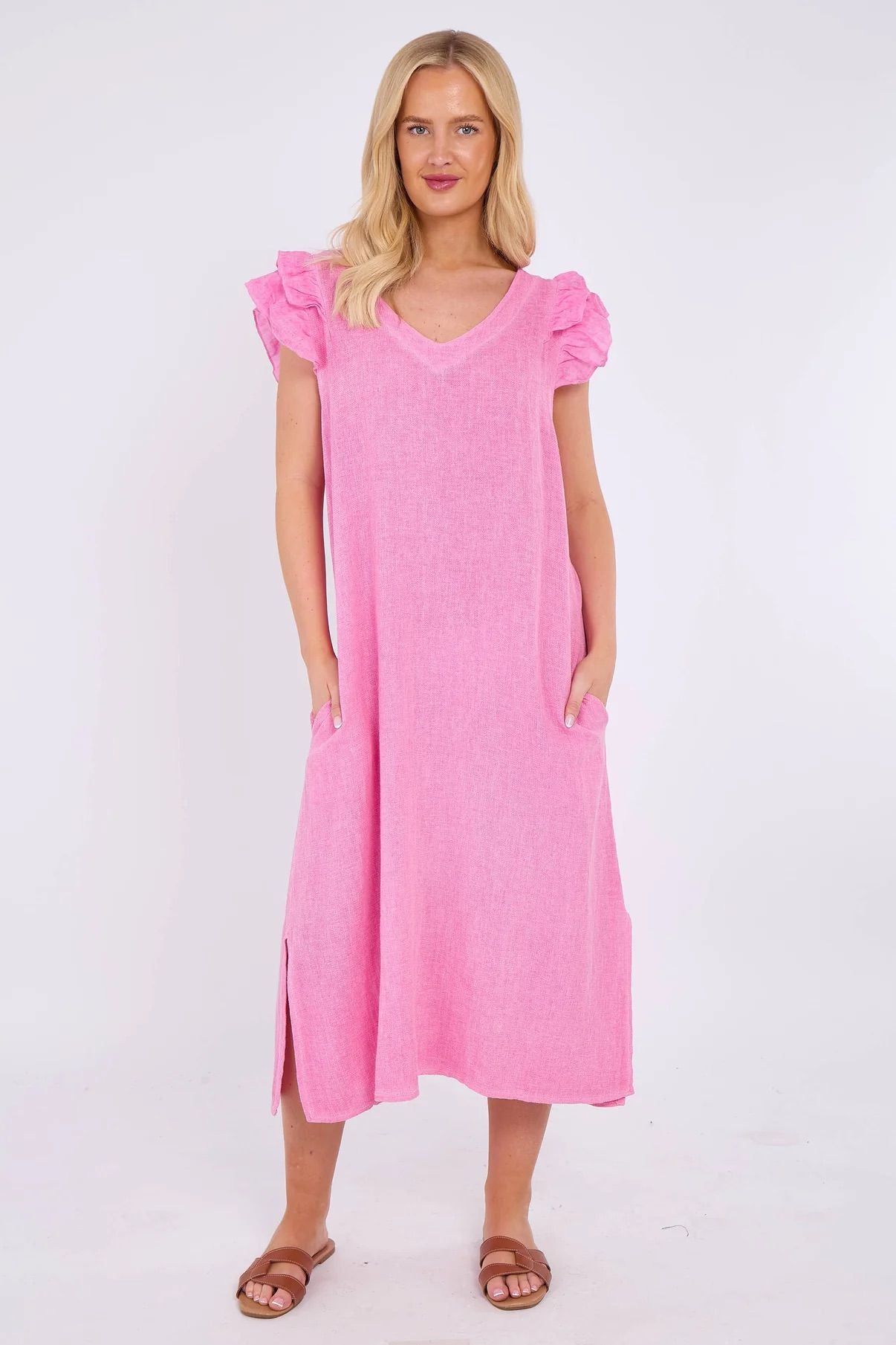Mocha Washed Linen Frill Sleeve V-Neck Dress