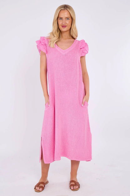 Mocha Washed Linen Frill Sleeve V-Neck Dress