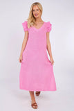 Mocha Washed Linen Frill Sleeve V-Neck Dress