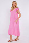 Mocha Washed Linen Frill Sleeve V-Neck Dress