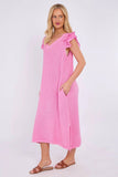 Mocha Washed Linen Frill Sleeve V-Neck Dress