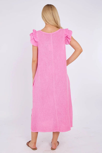 Mocha Washed Linen Frill Sleeve V-Neck Dress