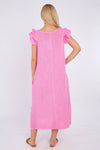 Mocha Washed Linen Frill Sleeve V-Neck Dress