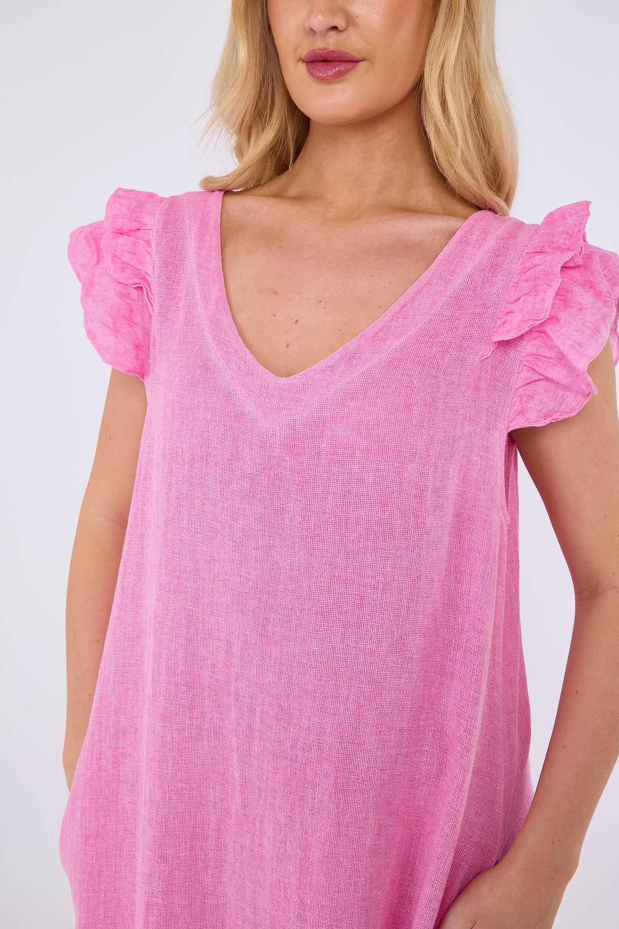 Mocha Washed Linen Frill Sleeve V-Neck Dress