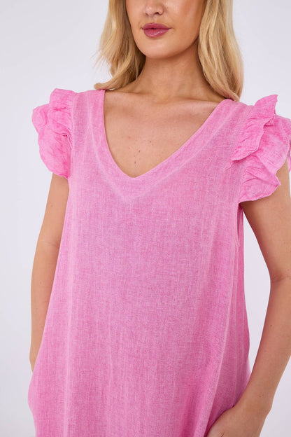 Mocha Washed Linen Frill Sleeve V-Neck Dress
