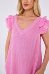 Mocha Washed Linen Frill Sleeve V-Neck Dress