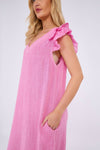 Mocha Washed Linen Frill Sleeve V-Neck Dress