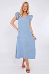 Mocha Washed Linen Frill Sleeve V-Neck Dress