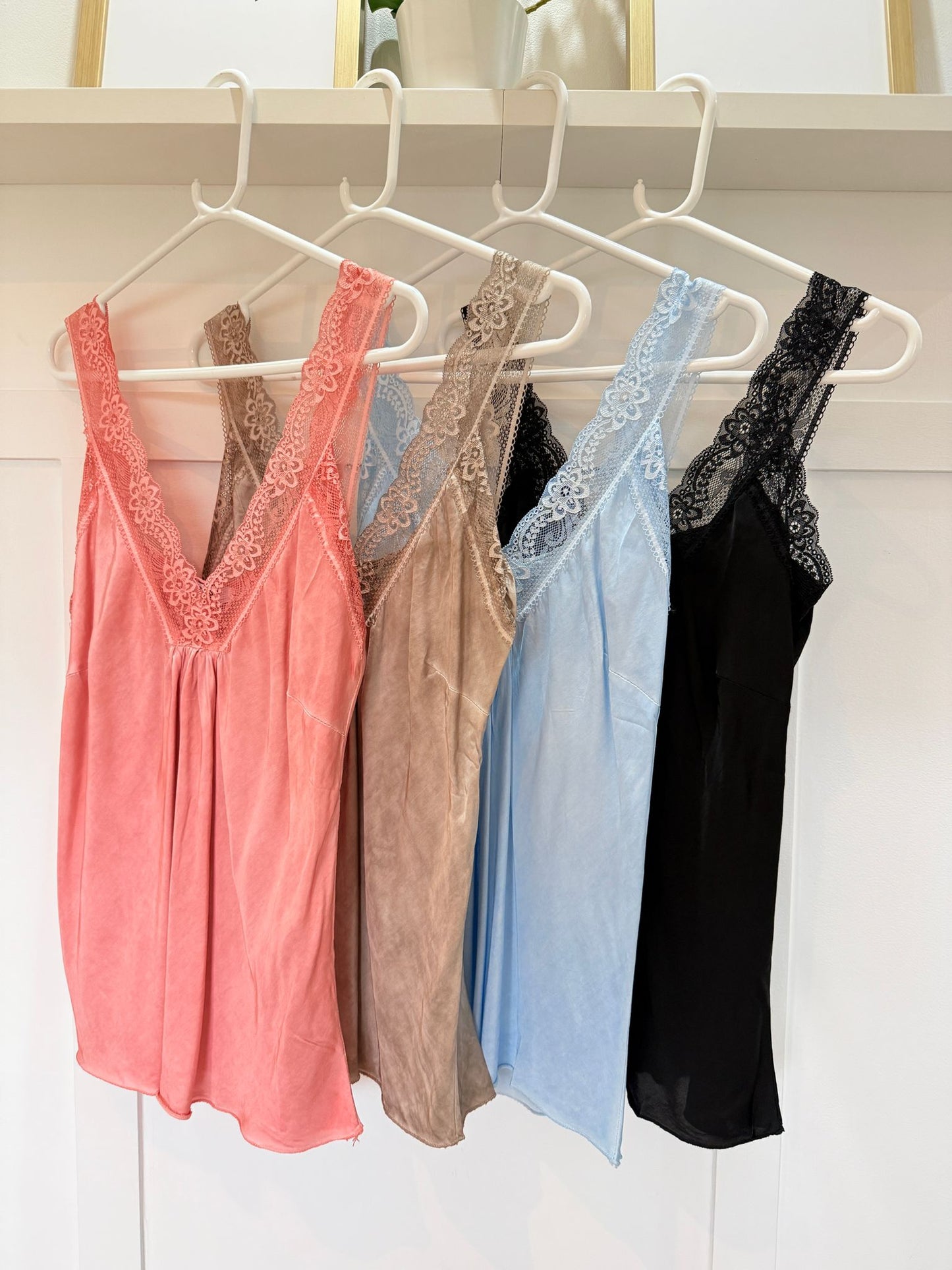 Light Coral Satin/Lace Gathered V Neck Top