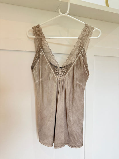 Mocha Satin/Lace Gathered V Neck Top
