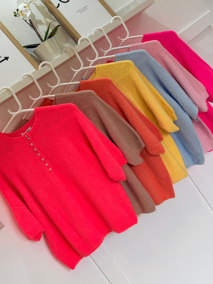 Neon Pink Alpaca Mix Diamonte Button Jumper