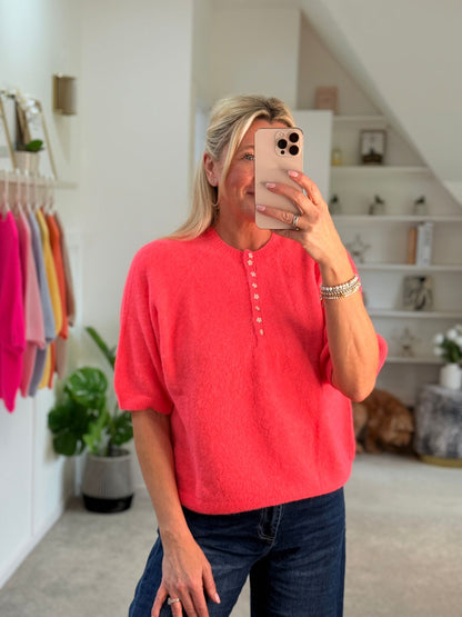 Neon Pink Alpaca Mix Diamonte Button Jumper