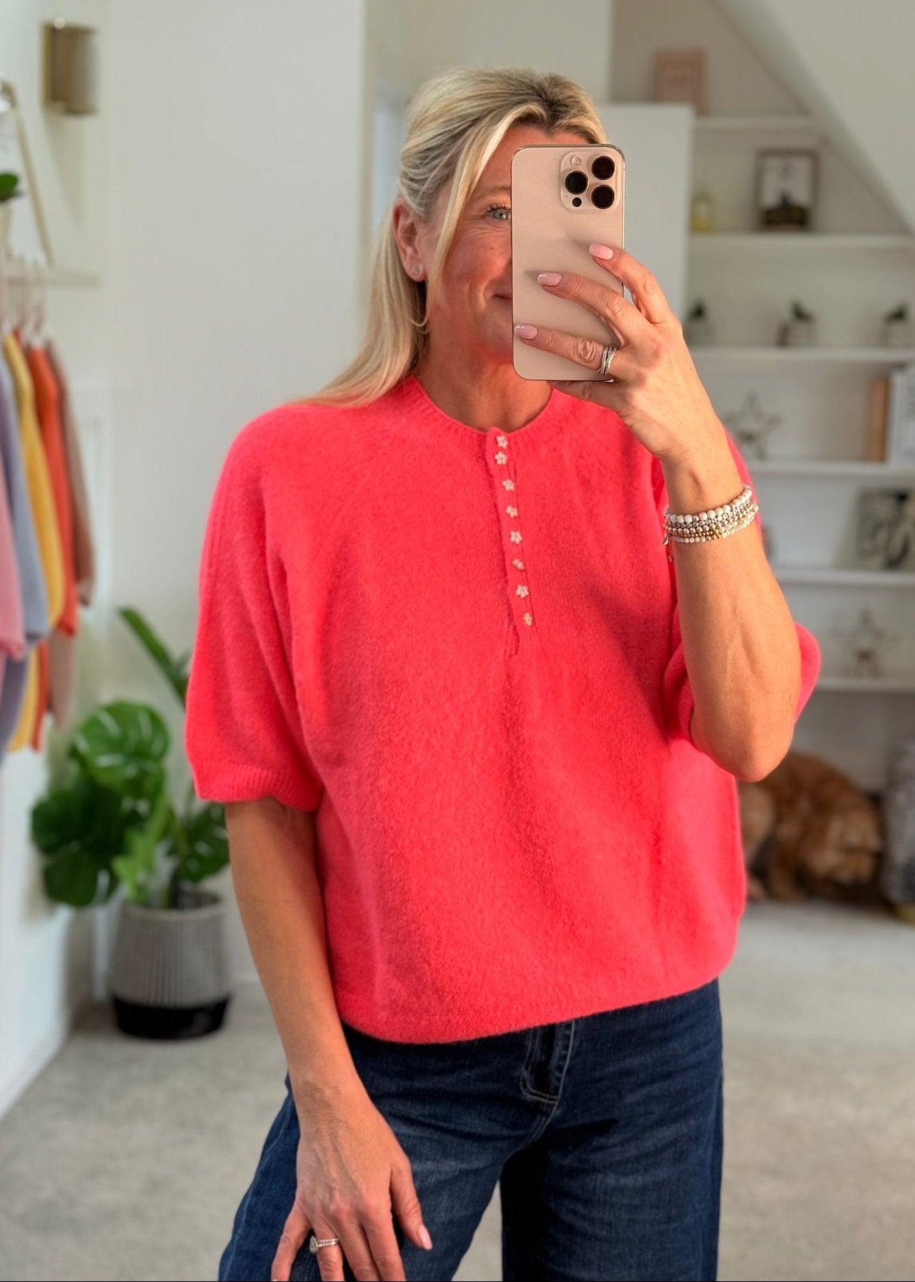 Neon Coral Alpaca Mix Diamanté Button Jumper