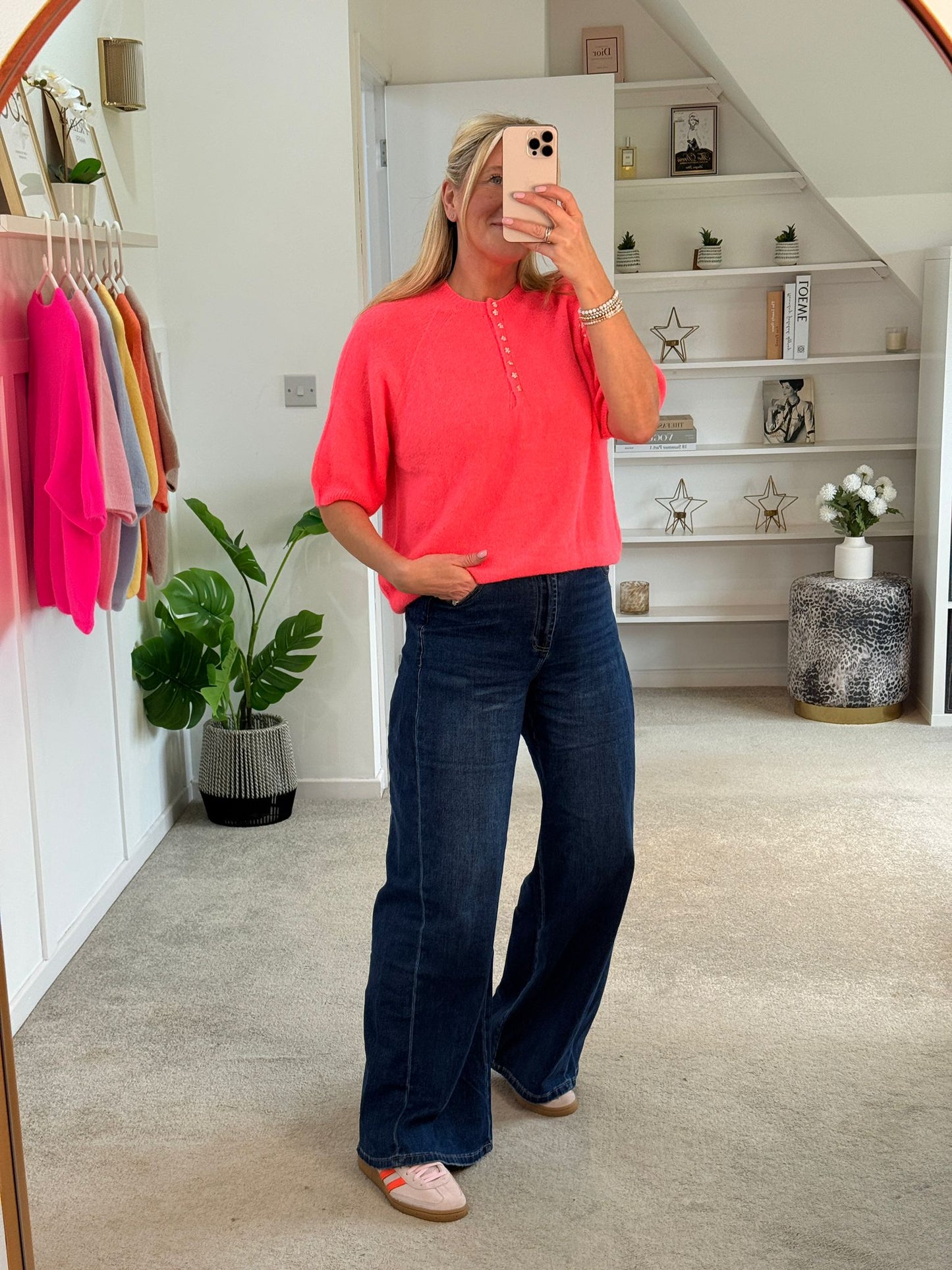 Neon Coral Alpaca Mix Diamanté Button Jumper