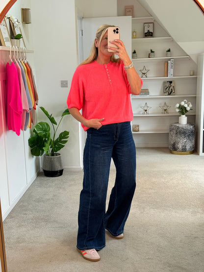 Neon Pink Alpaca Mix Diamonte Button Jumper