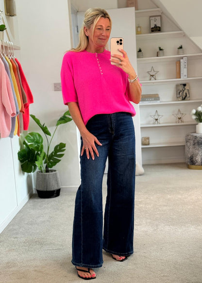 Neon Pink Alpaca Mix Diamonte Button Jumper