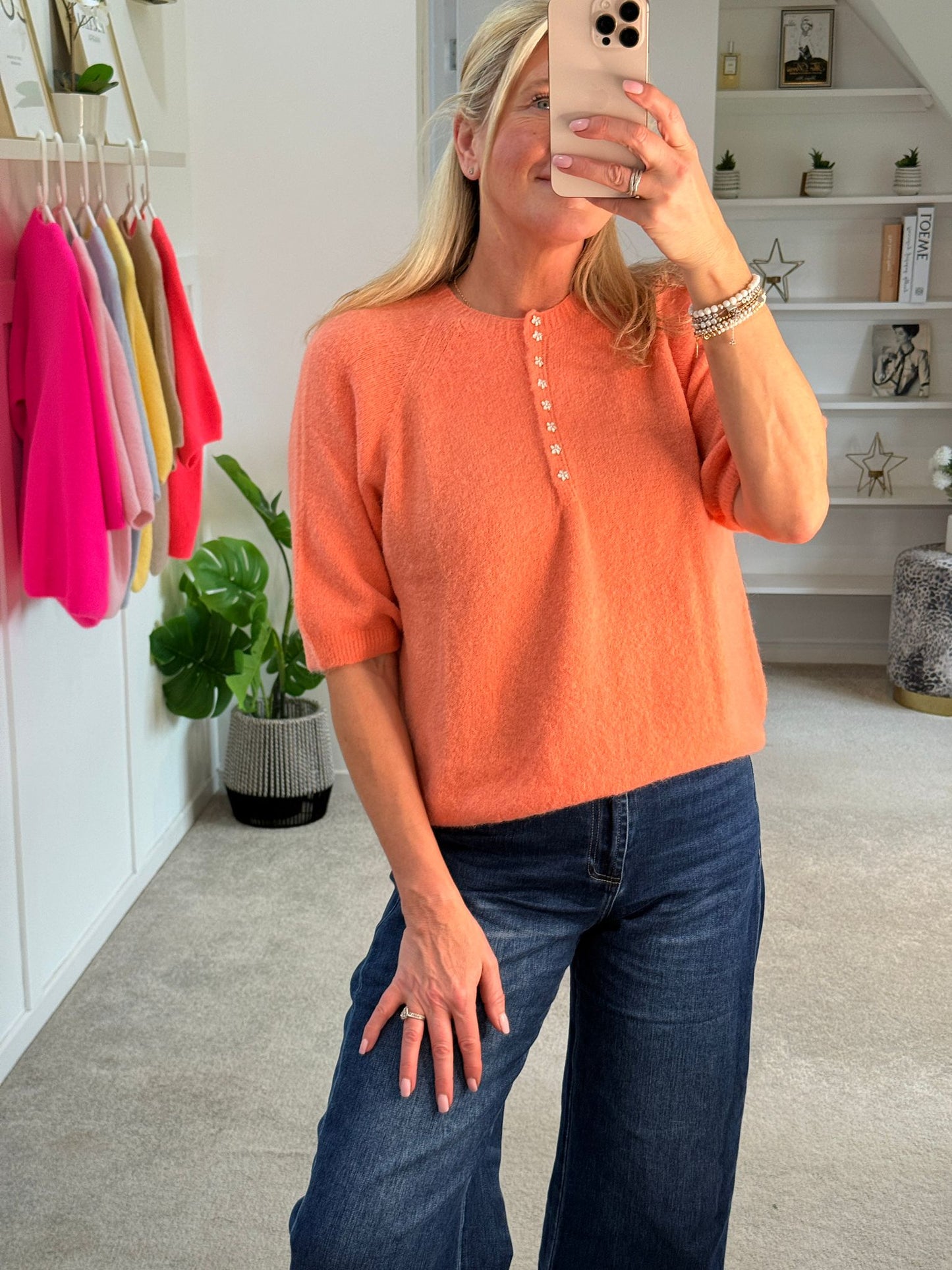 Neon Pink Alpaca Mix Diamonte Button Jumper