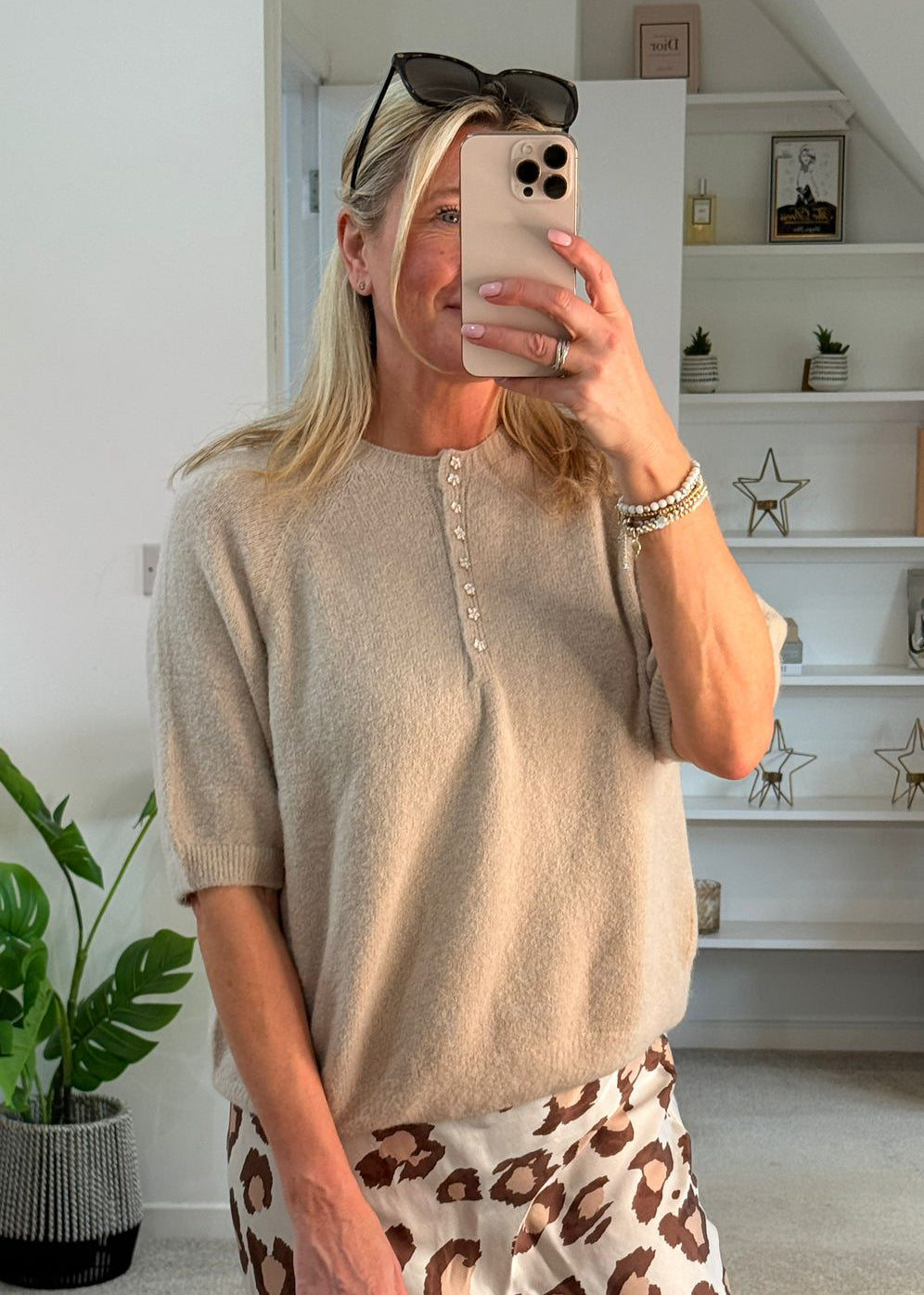 Beige Alpaca Mix Diamanté Button Jumper