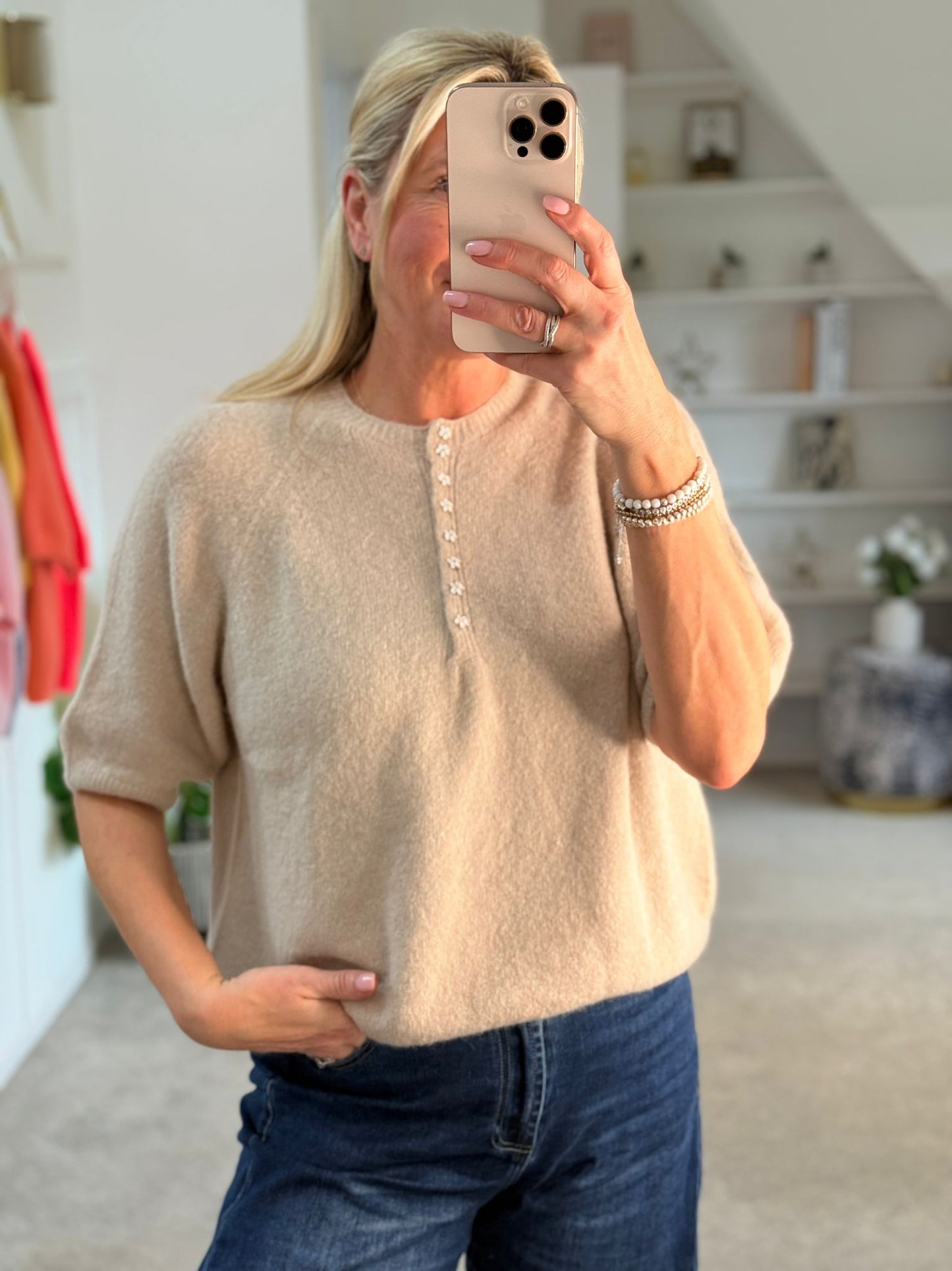 Neon Coral Alpaca Mix Diamanté Button Jumper
