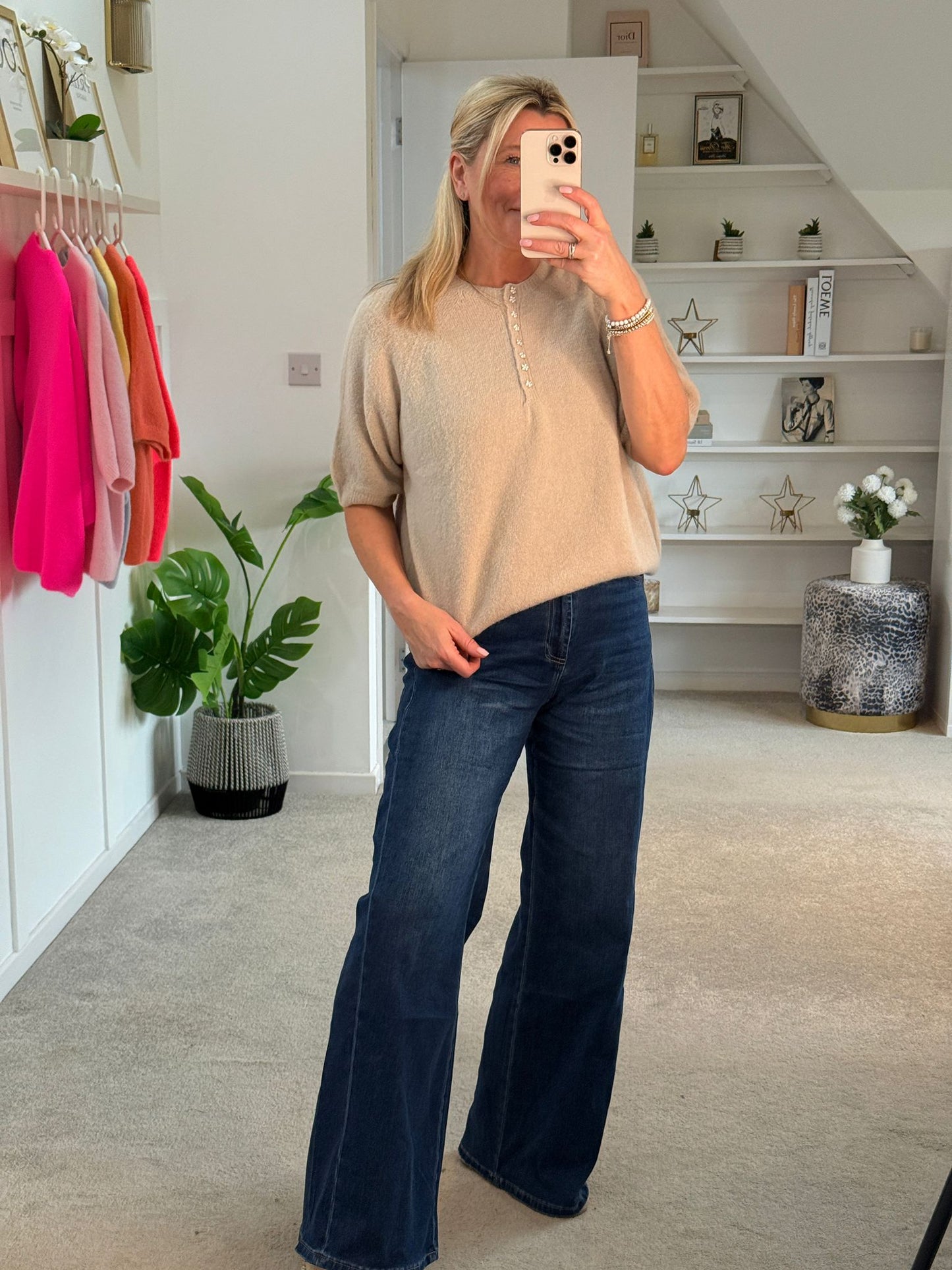 Neon Pink Alpaca Mix Diamonte Button Jumper