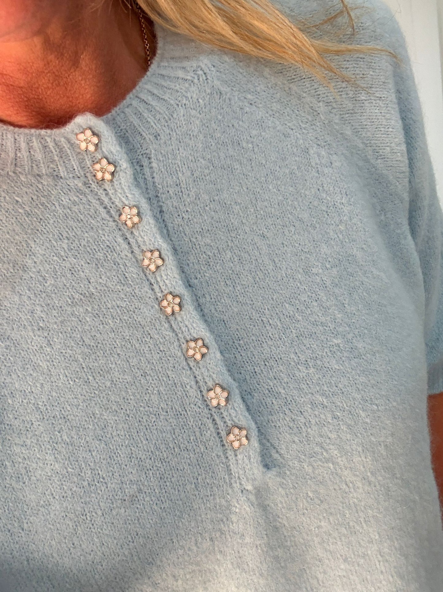 French Blue Alpaca Mix Diamanté Button Jumper