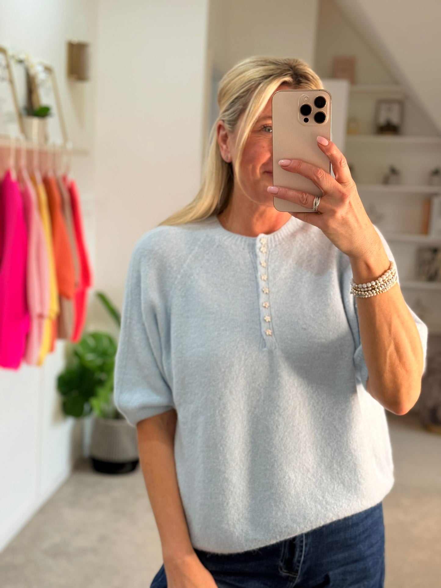 Neon Coral Alpaca Mix Diamanté Button Jumper