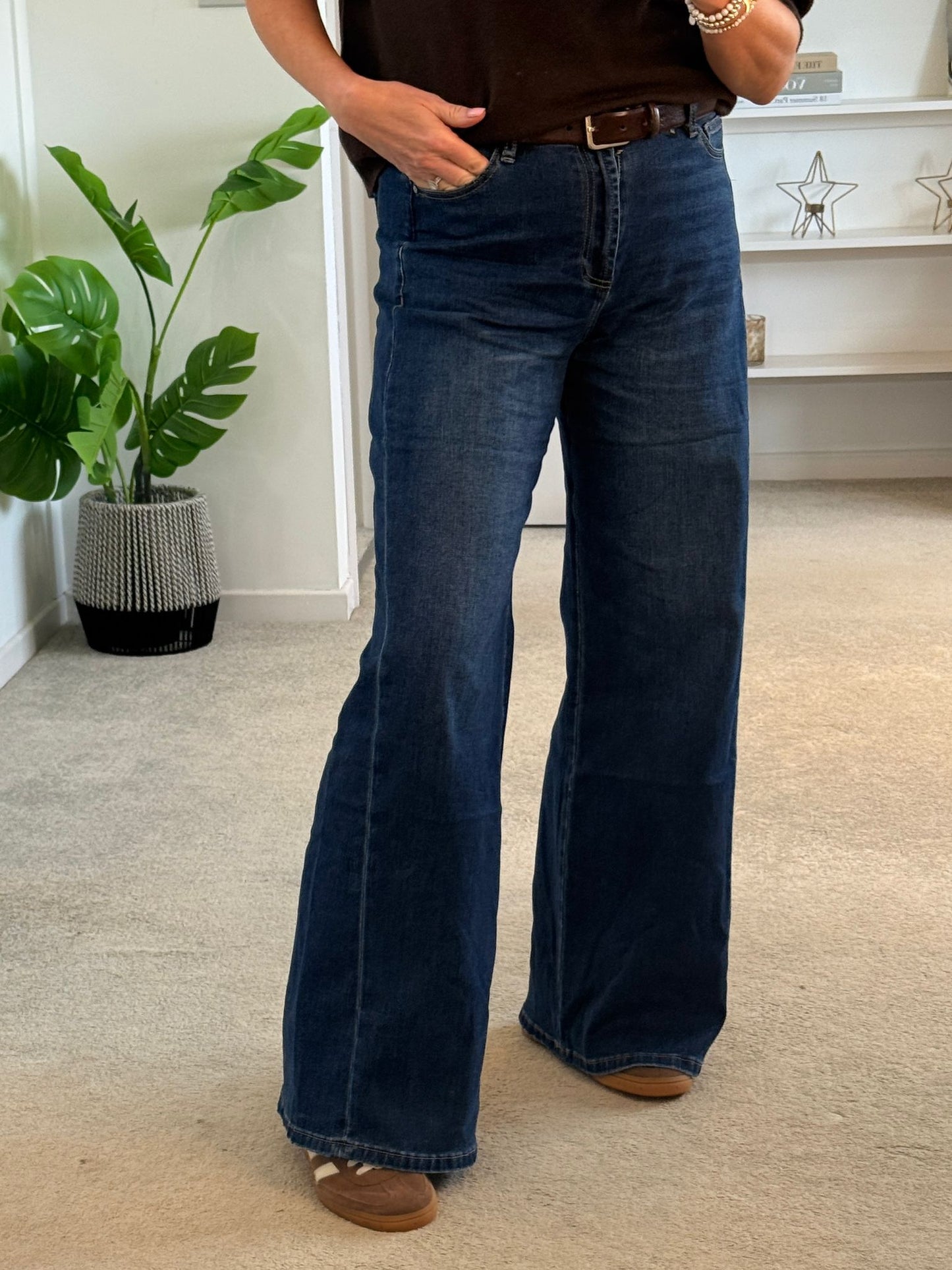 Dk Blue Denim Wide Panel Leg Jeans