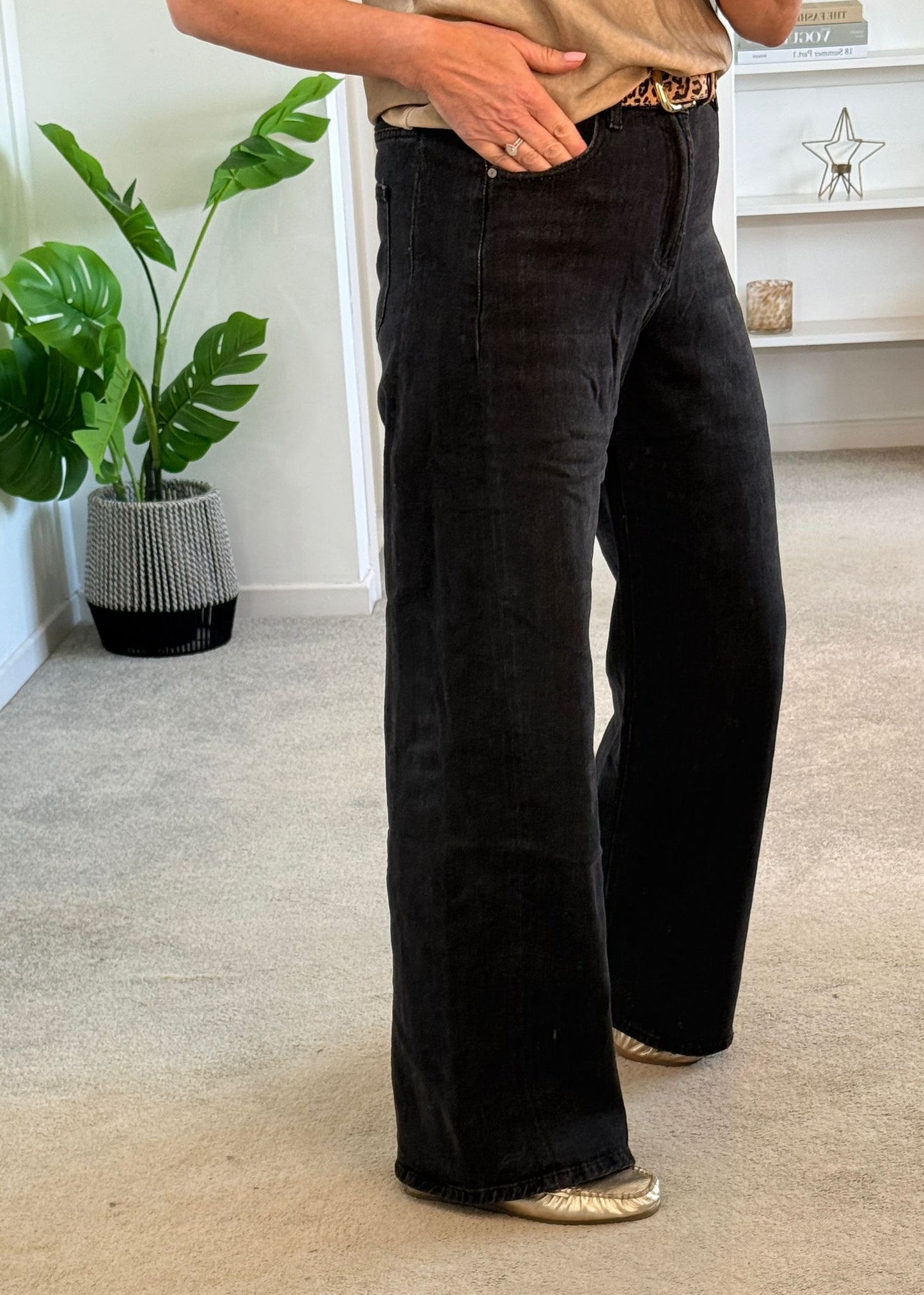 Beige Wide Panel Leg Jeans