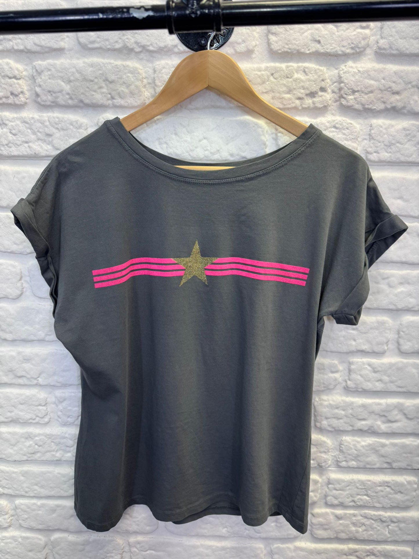Khaki With Pink Stripe & Star T Shirt